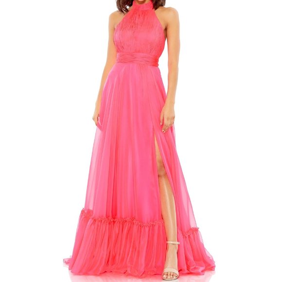 NWT MAC DUGGAL 67816 High Neck Tiered‎ Chiffon Halter Gown Pink Pleated Dress - Picture 1 of 6